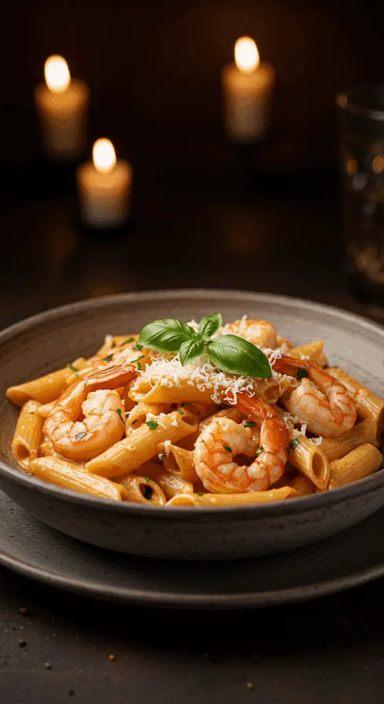 A beautiful, rustic bowl of homemade, easy, and Creamy Shrimp Pasta, with plump shrimp in a luscious, pink tomato-cream sauce and garnished with fresh parsley.