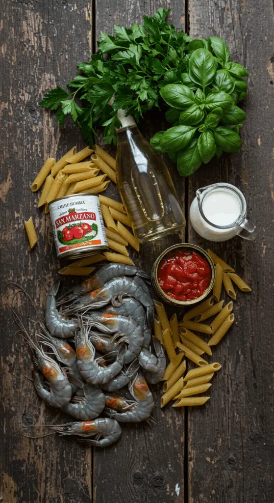 The simple, from-scratch ingredients for the classic and easy Creamy Shrimp Pasta.