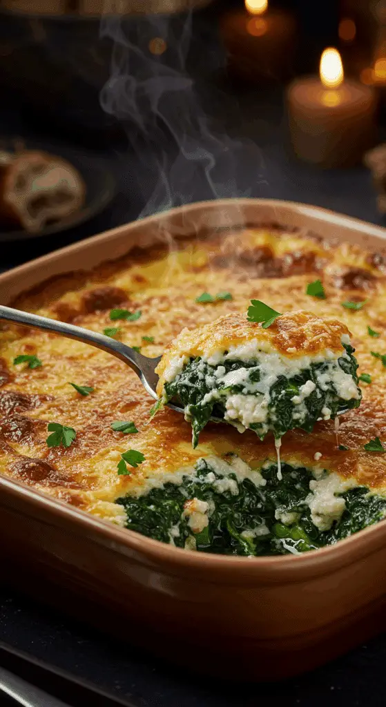 A beautiful, rustic baking dish of homemade, easy, and elegant Creamy Spinach Gratin, with a golden-brown, bubbly crust and a creamy, green interior.