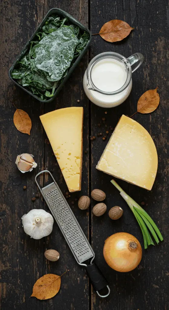 The simple, from-scratch ingredients for the classic and impressive Holiday Spinach Gratin.