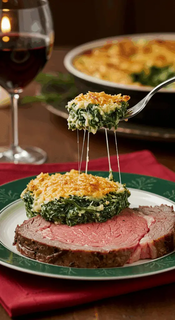 A beautiful plate of a homemade, elegant, and crispy-topped Spinach Gratin, being served with a thick slice of a prime rib at a holiday dinner.
