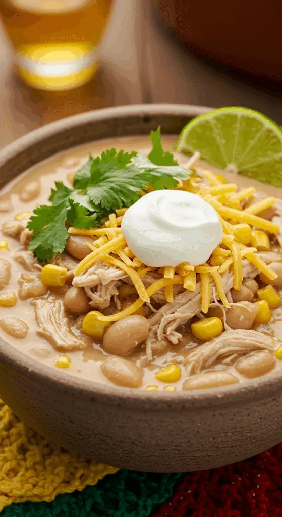 A beautiful, rustic bowl of homemade, creamy, and healthy White Chicken Chili, garnished with shredded cheese, cilantro, and a lime wedge.