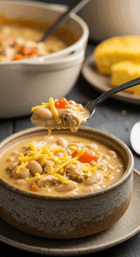 A cozy bowl of homemade, creamy White Chicken Chili being served for a casual family dinner.