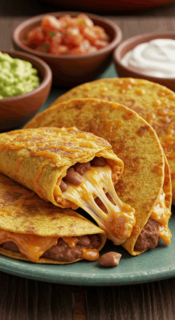 A beautiful, rustic platter of homemade, crispy, golden-brown Baked Tacos, with one taco open to show the gooey, melted cheese and refried bean filling.