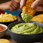 A hand dipping a crispy, homemade, golden-brown Baked Taco into a large bowl of guacamole at a fun family taco night.