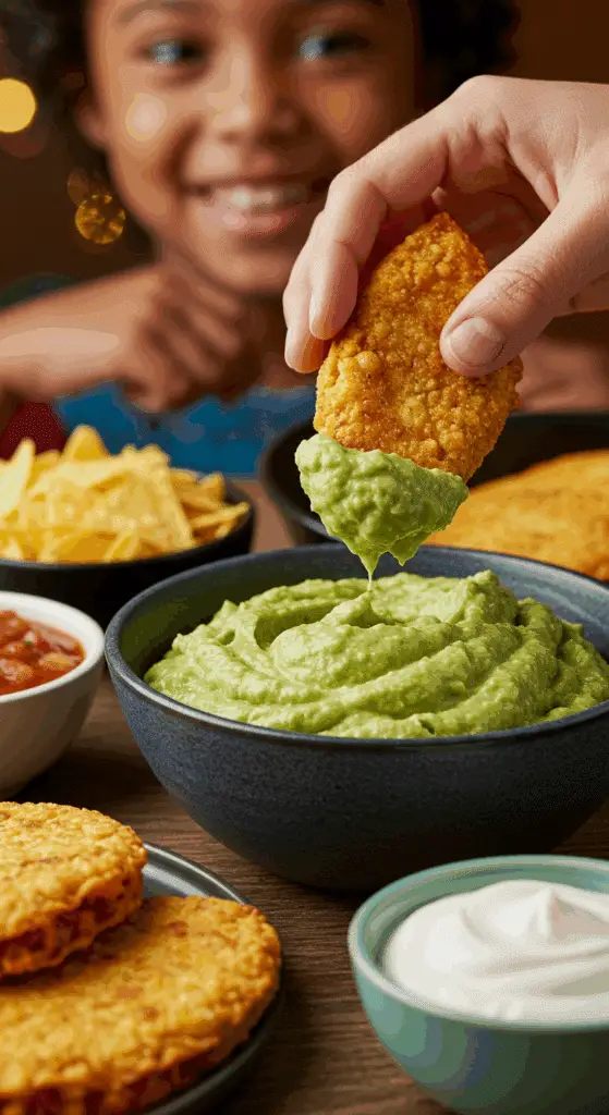 A hand dipping a crispy, homemade, golden-brown Baked Taco into a large bowl of guacamole at a fun family taco night.