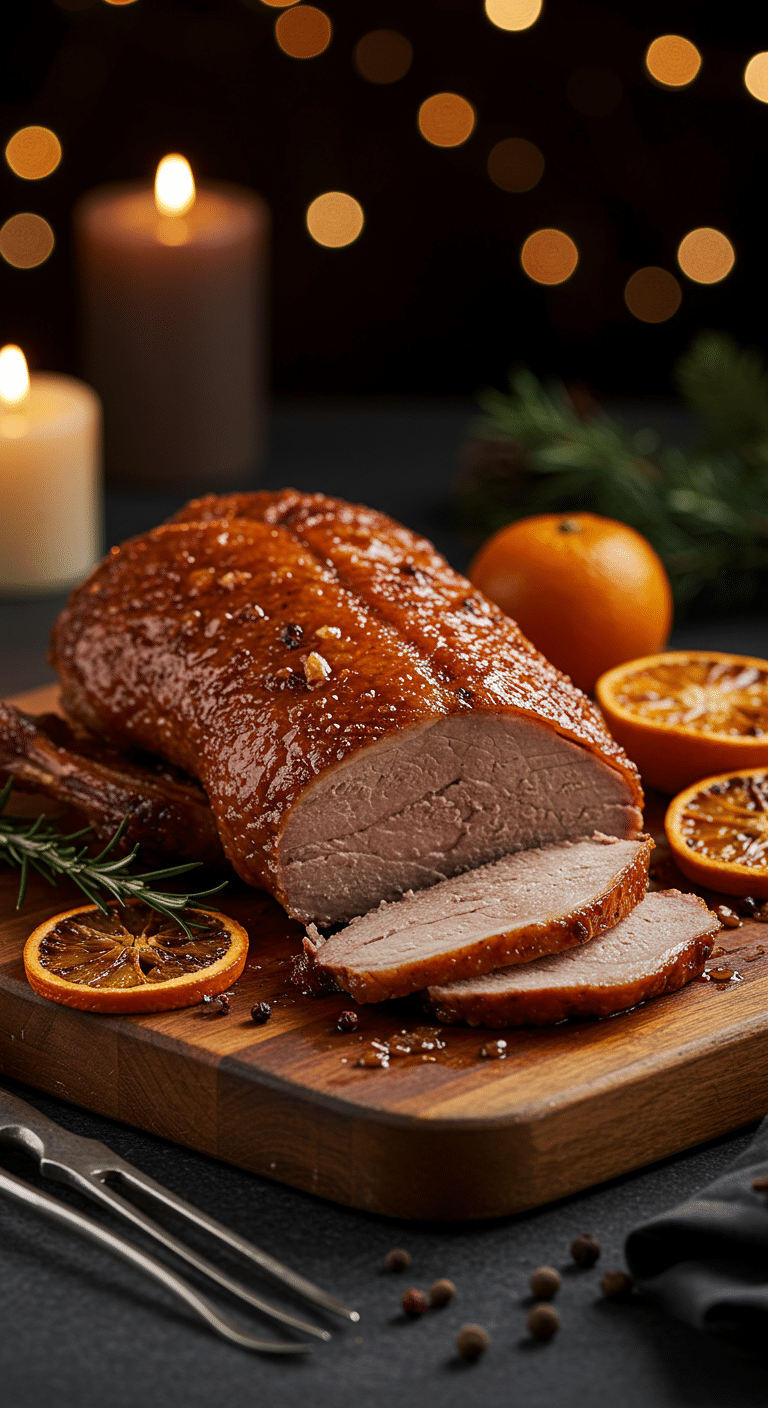 A beautiful, rustic cutting board with a homemade, impressive Holiday Crispy Roast Duck, with a puffy, golden crackling, a glossy glaze, and a juicy, thick slice cut from the breast.