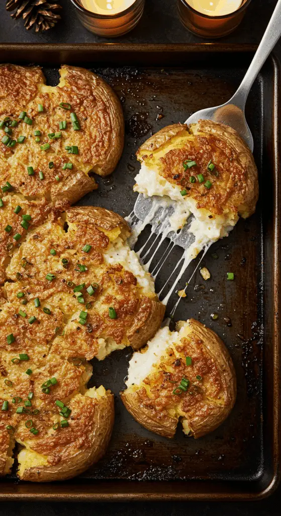 A beautiful, overhead shot of a homemade, easy, and crispy Sheet-Pan Smashed Potatoes, with a golden-brown, craggy crust and a fluffy interior.