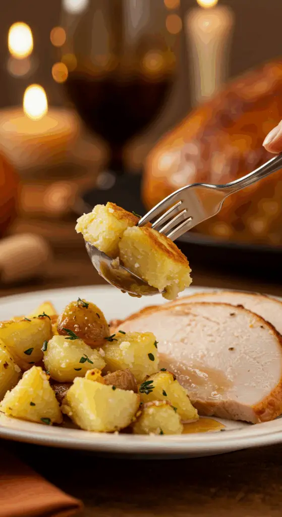 A beautiful plate of a homemade, elegant, and crispy Smashed Potatoes, being served with a thick slice of a roasted turkey at a Thanksgiving dinner.