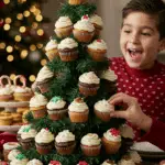 The whole, homemade, festive, and decorated Cupcake Christmas Tree being served as the centerpiece at a fun and casual Christmas party.