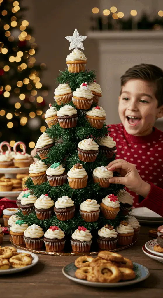 The whole, homemade, festive, and decorated Cupcake Christmas Tree being served as the centerpiece at a fun and casual Christmas party.