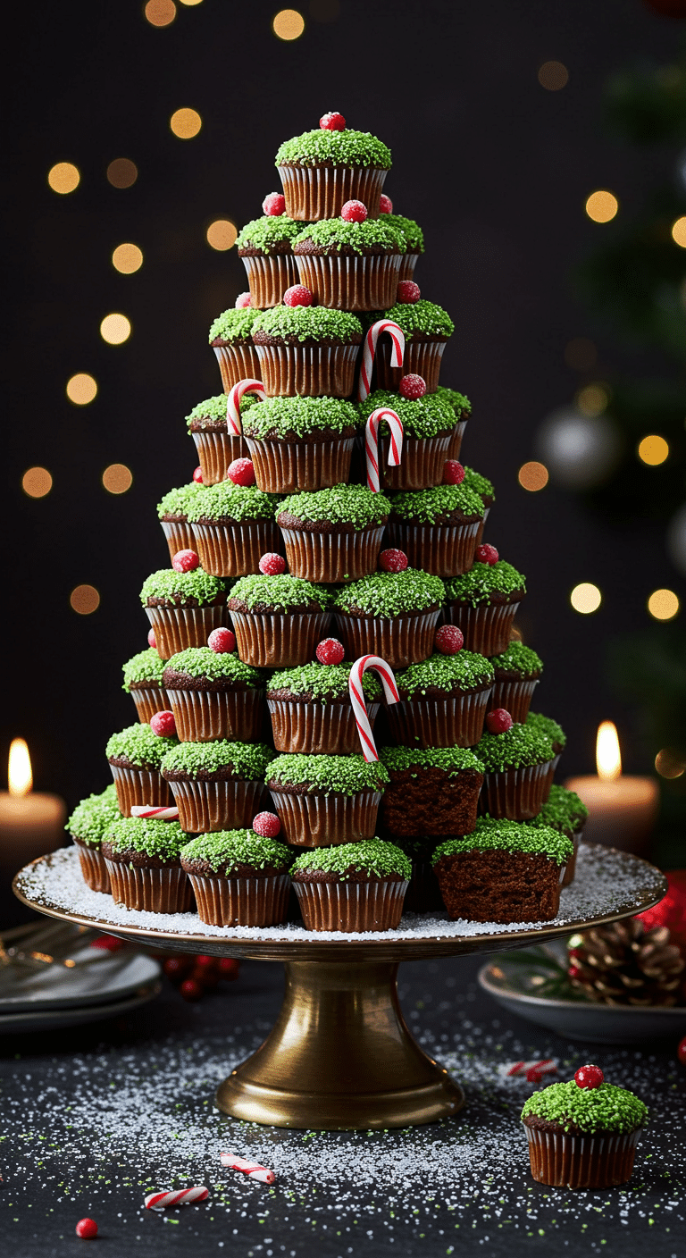 A beautiful, elegant cake stand with a homemade, impressive, and 3D Cupcake Christmas Tree, made from green sprinkle-coated cupcakes and decorated with candy canes.