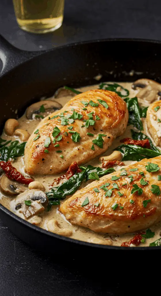 A beautiful, rustic cast-iron skillet of homemade, creamy Dairy-Free Tuscan Chicken, with a luscious cashew cream sauce, mushrooms, and sun-dried tomatoes.