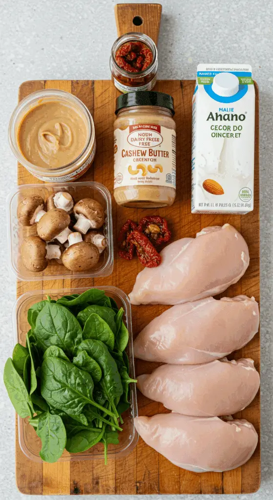 The simple, fresh ingredients for the easy and healthy Creamy Dairy-Free Tuscan Chicken recipe with a cashew cream sauce.