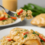 A beautiful plate of homemade, creamy Dairy-Free Tuscan Chicken served over a bed of quinoa for a healthy family dinner.