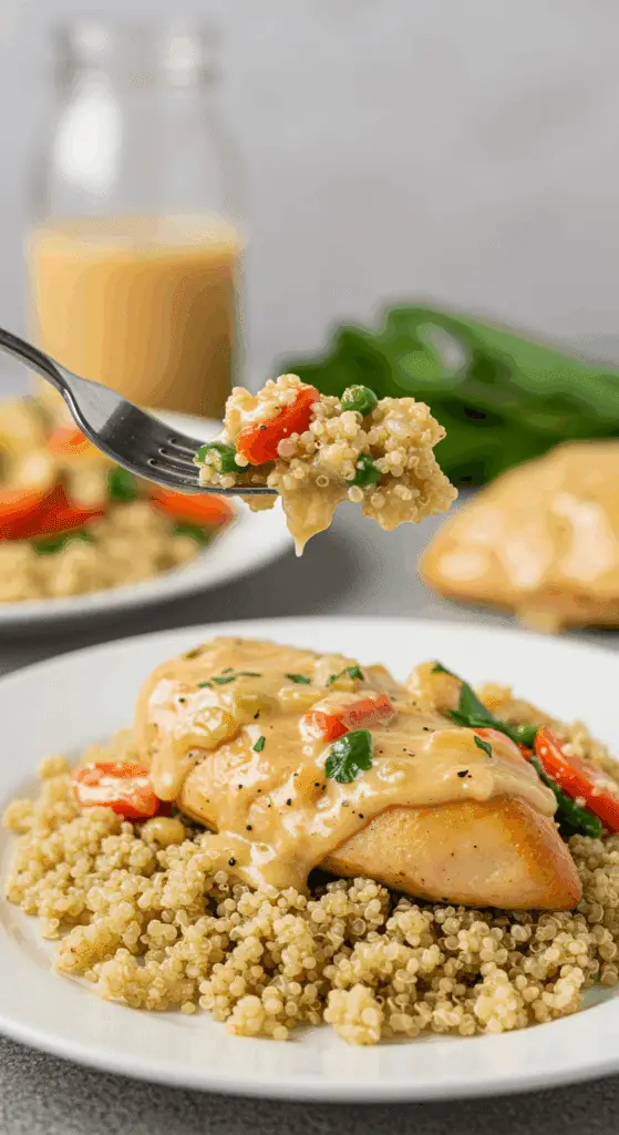 A beautiful plate of homemade, creamy Dairy-Free Tuscan Chicken served over a bed of quinoa for a healthy family dinner.