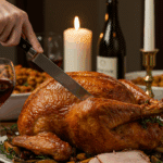 The whole, homemade, impressive, and golden-brown Deep-Fried Turkey being carved as the centerpiece at a fun and sophisticated Thanksgiving party.