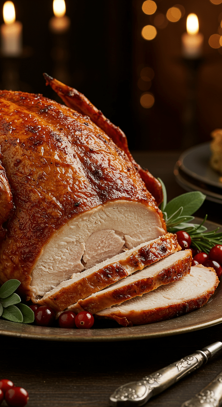 A beautiful, rustic platter with a homemade, juicy, and impressive Deep-Fried Thanksgiving Turkey, with a crispy, dark golden-brown skin and a few thick, moist slices carved from the breast.