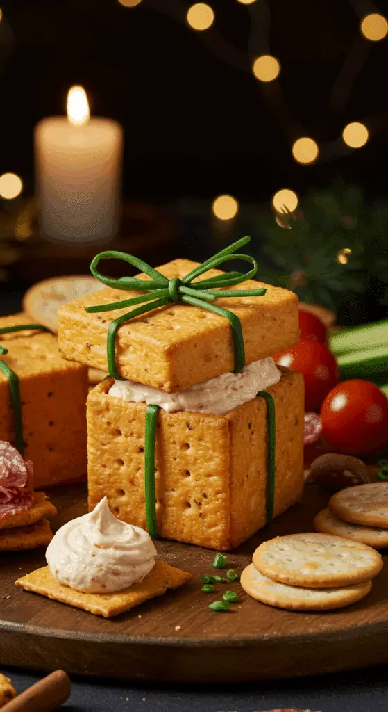 A beautiful, rustic platter with a homemade, impressive, and savory Edible Christmas Gift Box, made from a cheese cracker and tied with a chive ribbon.