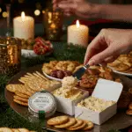 The impressive, homemade, and festive Edible Christmas Gift Box platter being served as the centerpiece at a fun and sophisticated Christmas party.