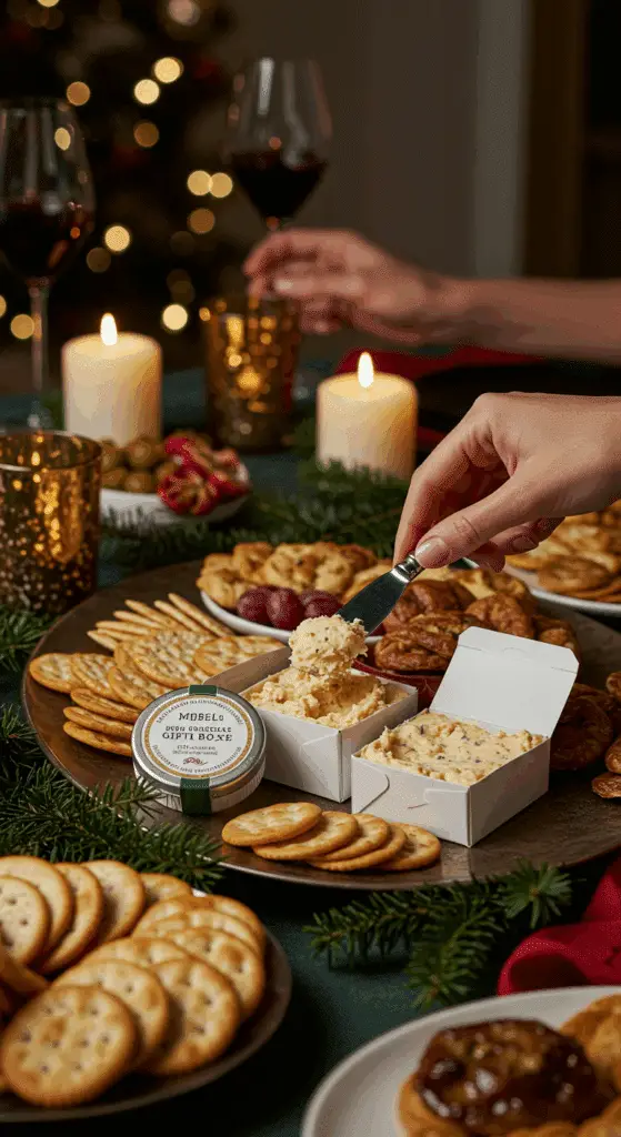 The impressive, homemade, and festive Edible Christmas Gift Box platter being served as the centerpiece at a fun and sophisticated Christmas party.