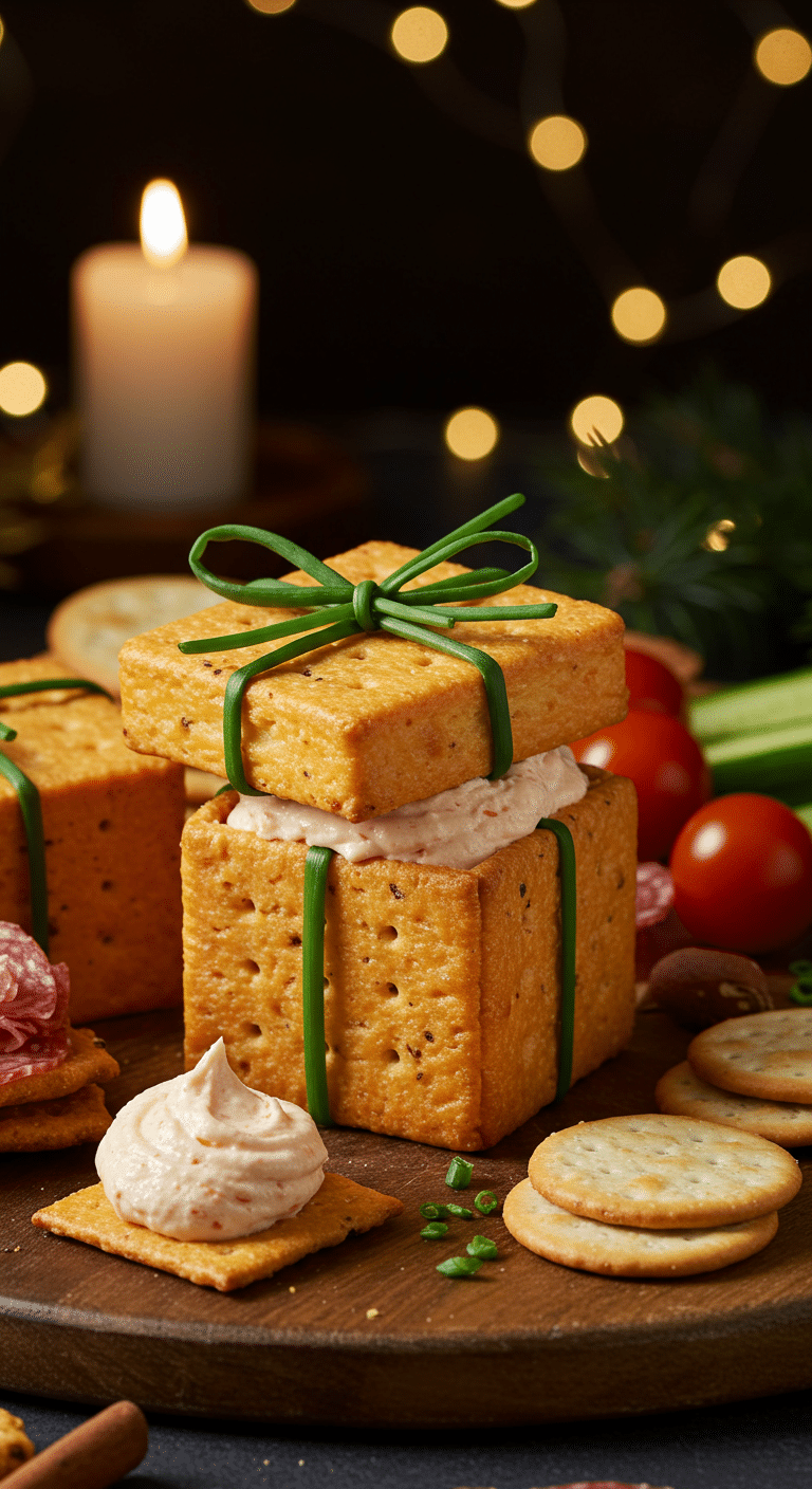 A beautiful, rustic platter with a homemade, impressive, and savory Edible Christmas Gift Box, made from a cheese cracker and tied with a chive ribbon.