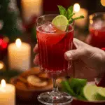 A hand holding an elegant glass of a homemade, red, and festive "Elf's" Christmas Punch at a fun and festive holiday party.
