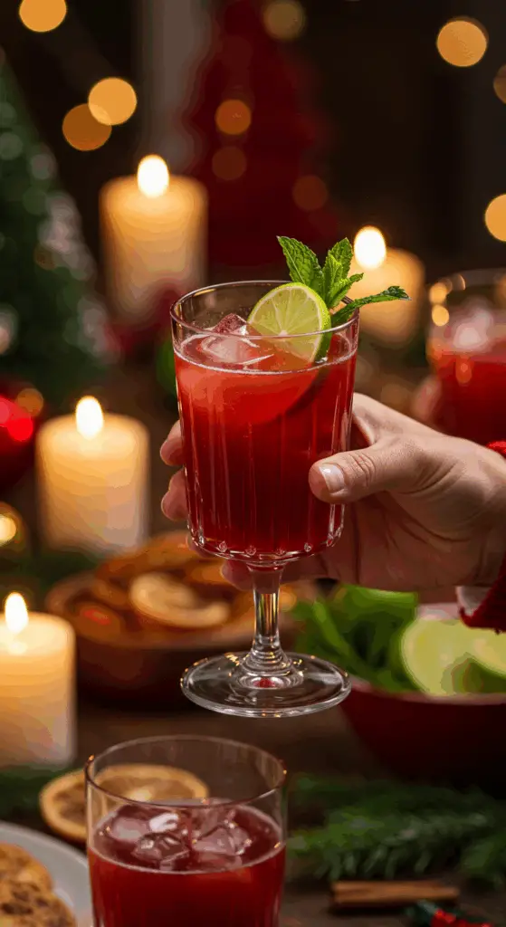 A hand holding an elegant glass of a homemade, red, and festive "Elf's" Christmas Punch at a fun and festive holiday party.