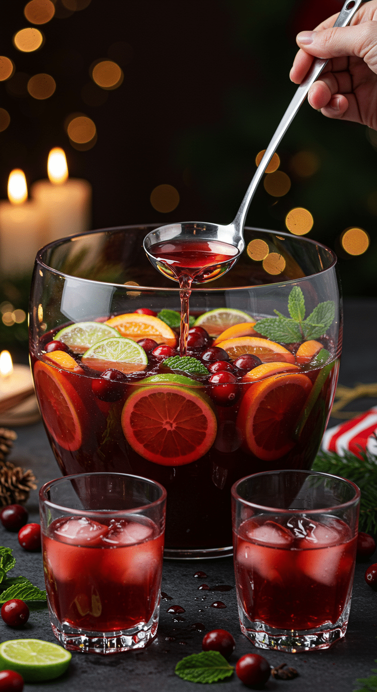 A beautiful, large glass punch bowl of a homemade, festive, and deep red "Elf's" Christmas Punch, with fresh fruit and mint garnishes.