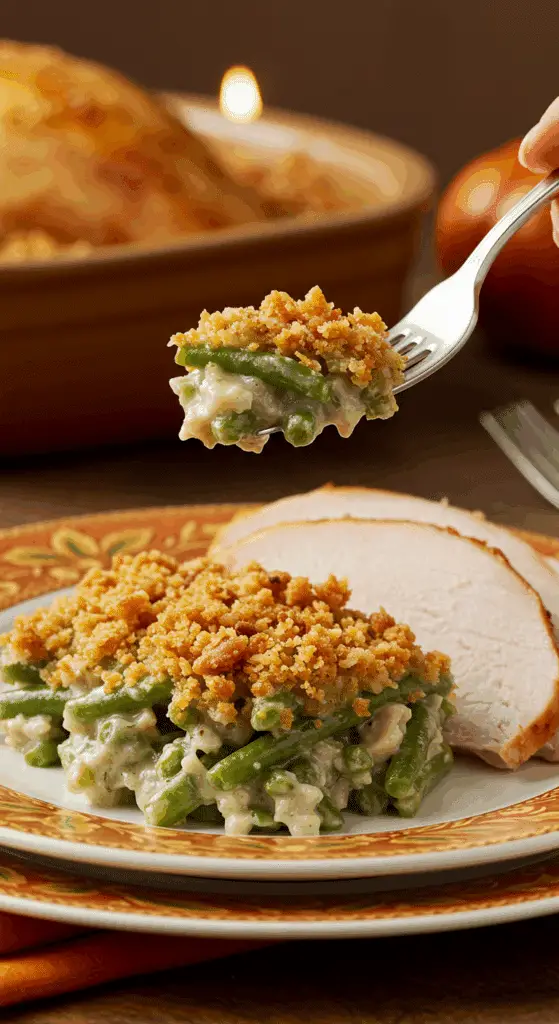 A beautiful plate of a homemade, elegant, and crispy-topped Green Bean Casserole, being served with a thick slice of a roasted turkey at a Thanksgiving dinner.