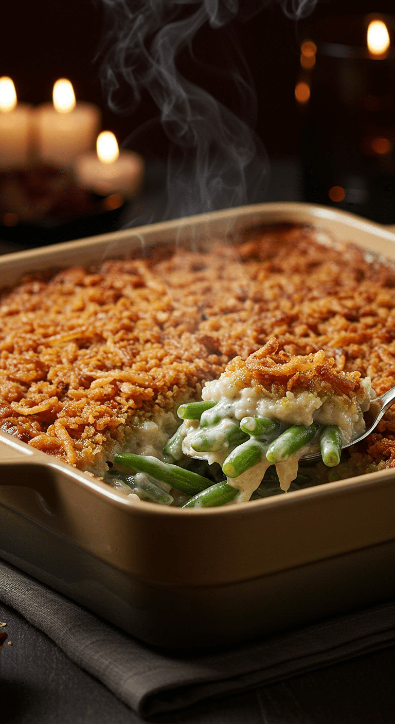 A beautiful, rustic baking dish of homemade, easy, and from-scratch Green Bean Casserole, with a golden-brown, crispy homemade onion crust and a creamy, mushroom and green bean interior.