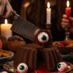 The whole, homemade, spooky, and "bloody" Eyeball Lava Cake being served as the centerpiece at a fun and sophisticated Halloween party.