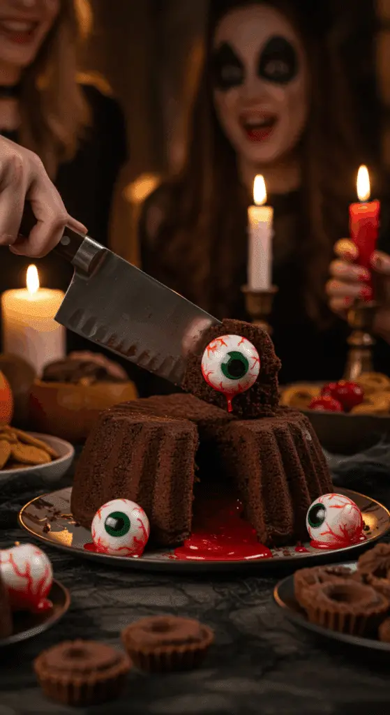 The whole, homemade, spooky, and "bloody" Eyeball Lava Cake being served as the centerpiece at a fun and sophisticated Halloween party.