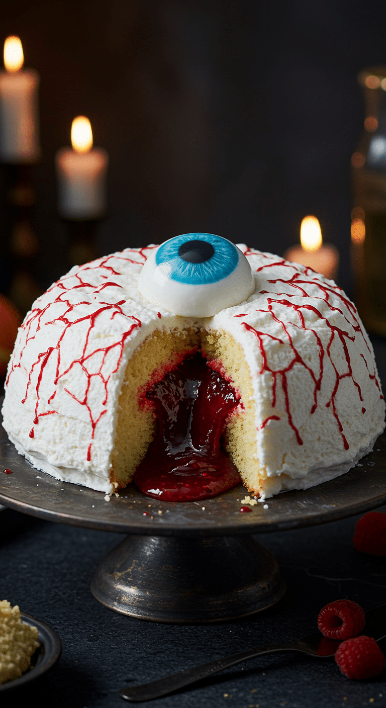 A beautiful, rustic cake stand with a homemade, spooky, and gory Eyeball Lava Cake, with a "bloody" raspberry jam "lava" gushing out from the center.