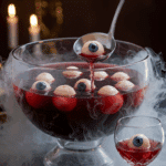 A beautiful, large glass punch bowl of a homemade, spooky, and dark red "Eyeball" Punch, with creepy, realistic lychee and blueberry "eyeball" garnishes and a dry ice fog effect.