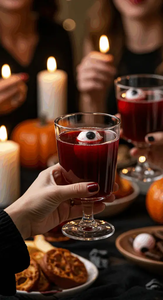 A hand holding an elegant glass of a homemade, dark red, and spooky "Eyeball" Punch at a fun and sophisticated Halloween party.