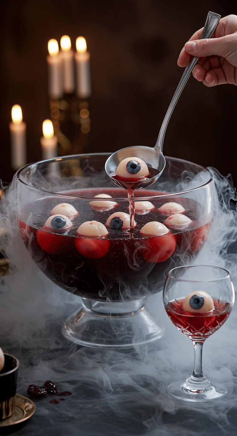 A beautiful, large glass punch bowl of a homemade, spooky, and dark red "Eyeball" Punch, with creepy, realistic lychee and blueberry "eyeball" garnishes and a dry ice fog effect.