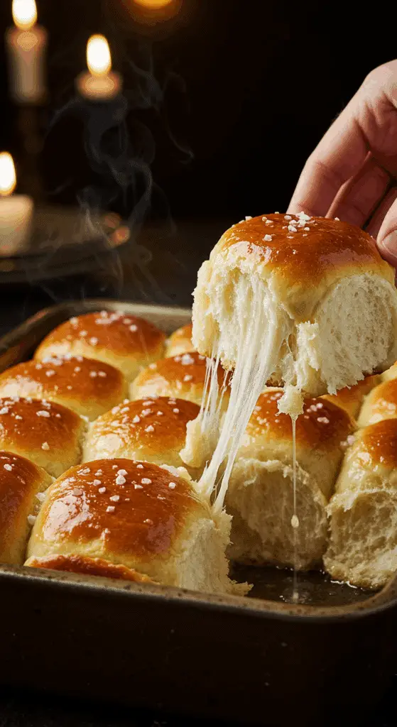 A beautiful, rustic baking dish of homemade, easy, and elegant Parker House Rolls, with a glossy, buttery top and a fluffy, pull-apart interior.