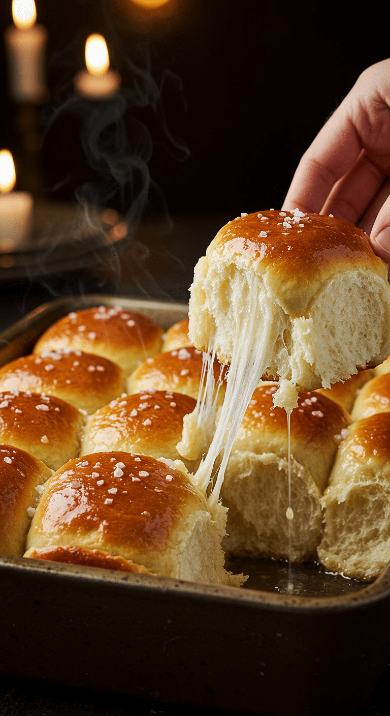 A beautiful, rustic baking dish of homemade, easy, and elegant Parker House Rolls, with a glossy, buttery top and a fluffy, pull-apart interior.