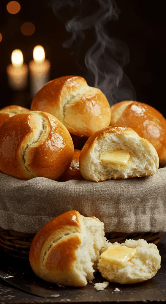 A beautiful, rustic basket filled with homemade, easy, and elegant Parker House Rolls, with a glossy, buttery top and a fluffy, steamy interior.