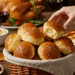 A beautiful basket of a homemade, elegant, and buttery Parker House Rolls, being served at a festive Thanksgiving holiday dinner.