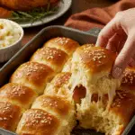A beautiful pan of a homemade, elegant, and buttery Parker House Rolls, being served at a festive Thanksgiving holiday dinner.