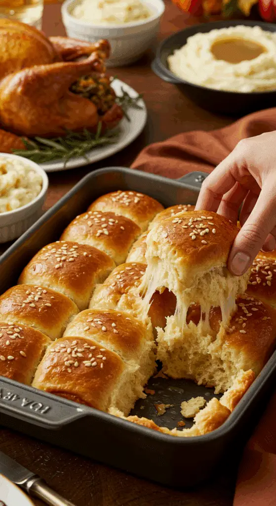 A beautiful pan of a homemade, elegant, and buttery Parker House Rolls, being served at a festive Thanksgiving holiday dinner.