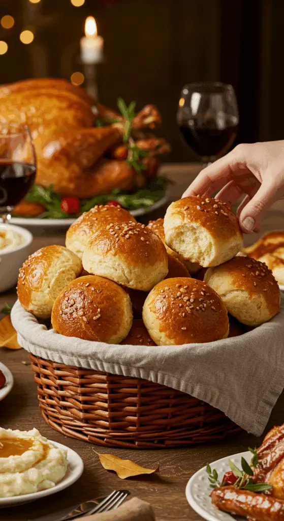 A beautiful basket of a homemade, elegant, and buttery Parker House Rolls, being served at a festive Thanksgiving holiday dinner.
