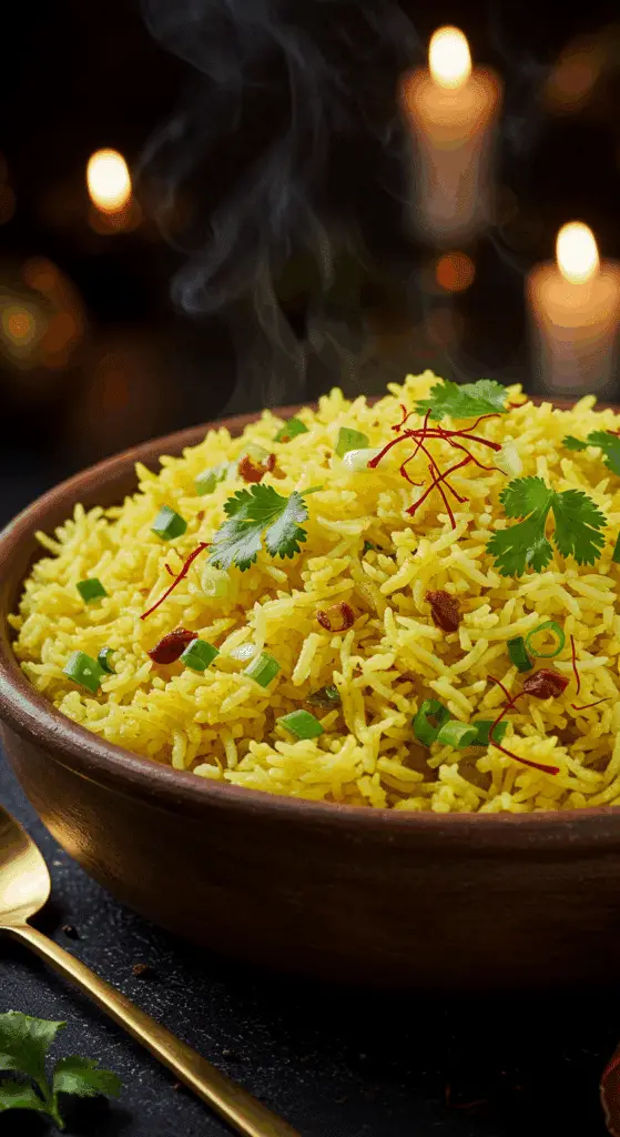 A beautiful, rustic serving bowl of homemade, easy, and elegant Fluffy Saffron Rice, with a beautiful golden color and garnished with fresh cilantro and saffron threads.