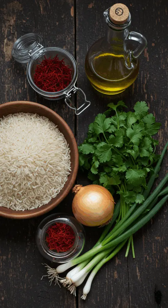 The simple, from-scratch ingredients for the classic and impressive Holiday Saffron Rice.