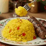 A beautiful plate of a homemade, elegant, and fluffy Saffron Rice, being served with a few perfectly grilled lamb kebabs at a holiday dinner.