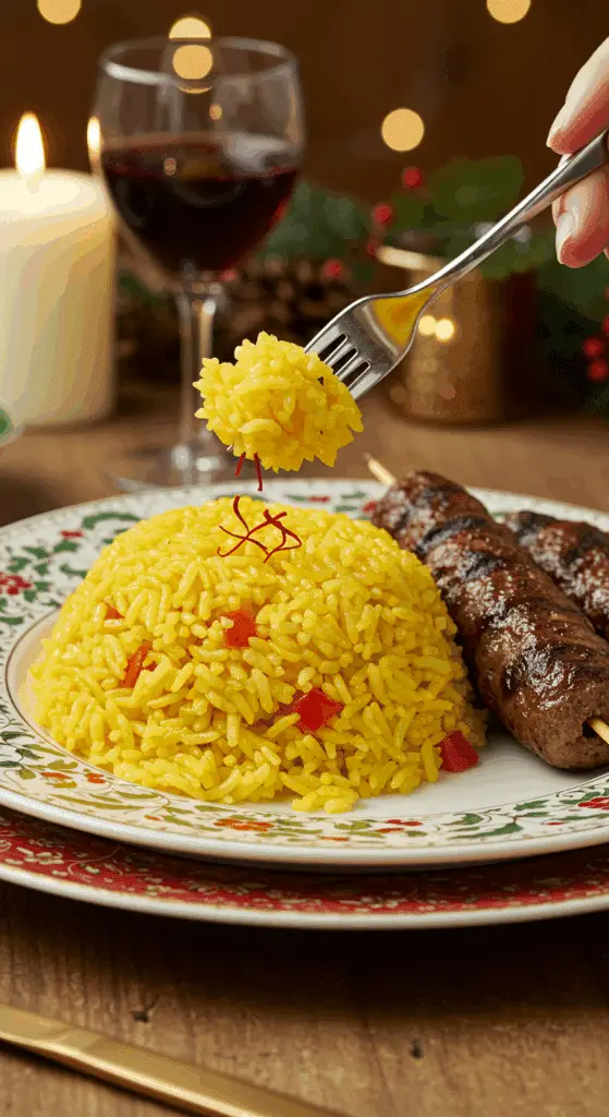 A beautiful plate of a homemade, elegant, and fluffy Saffron Rice, being served with a few perfectly grilled lamb kebabs at a holiday dinner.