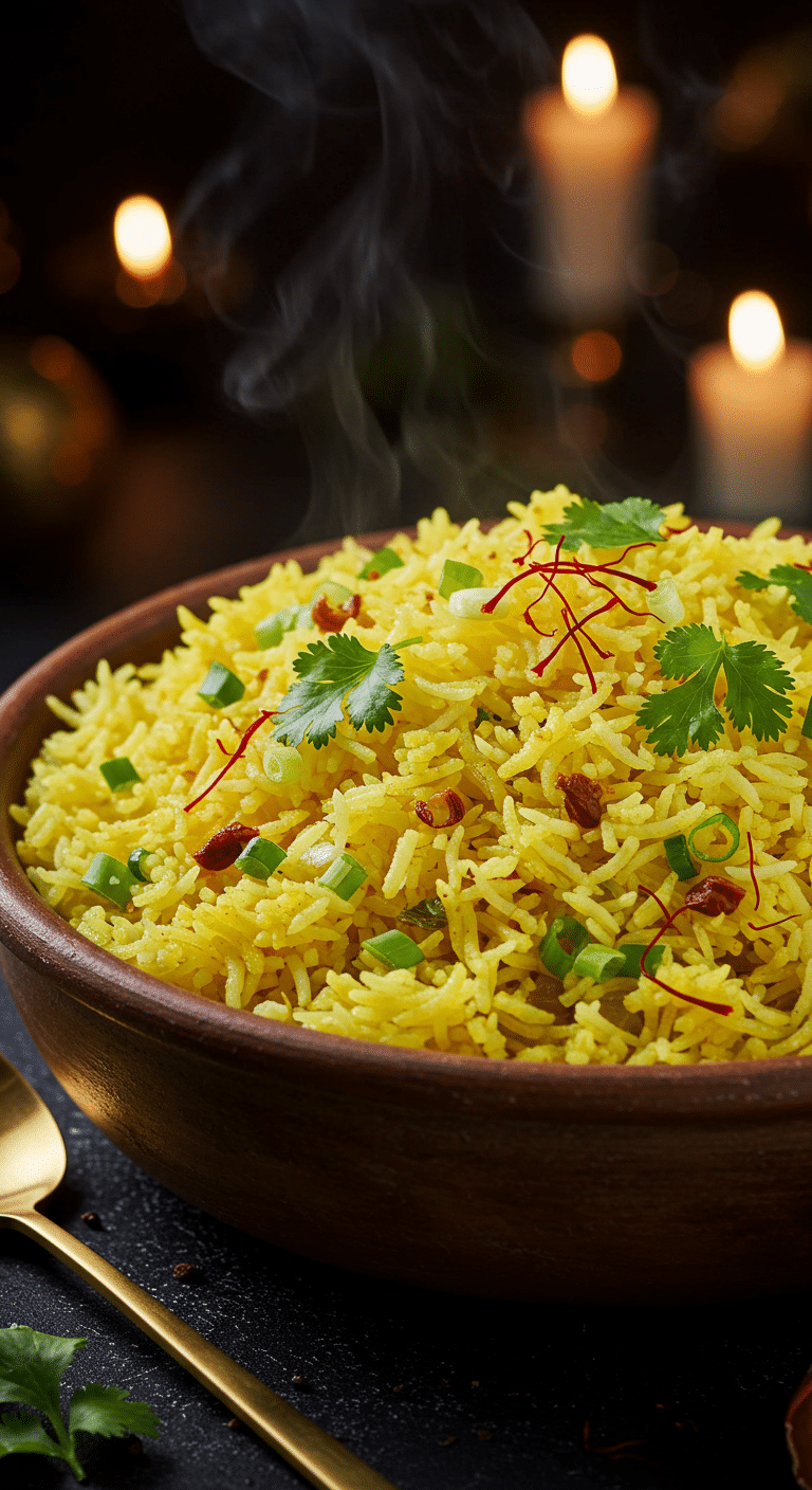 A beautiful, rustic serving bowl of homemade, easy, and elegant Fluffy Saffron Rice, with a beautiful golden color and garnished with fresh cilantro and saffron threads.