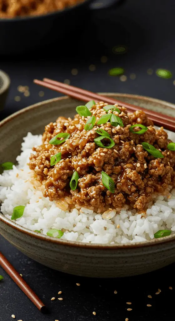 A beautiful, rustic bowl of homemade, easy, and garlicky Ginger Ground Beef, served over a bed of fluffy rice and garnished with fresh green onions.